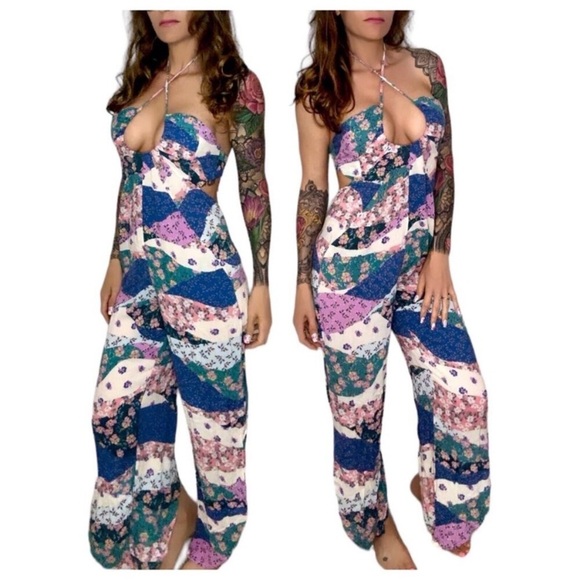 Olivaceous Halter Open Back Patchwork Floral Jumpsuit - Picture 1 of 8
